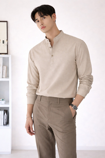Linen Blend 3-Button Stand-Up Collar Men's Shirt Slim Fit Summer Stylish
