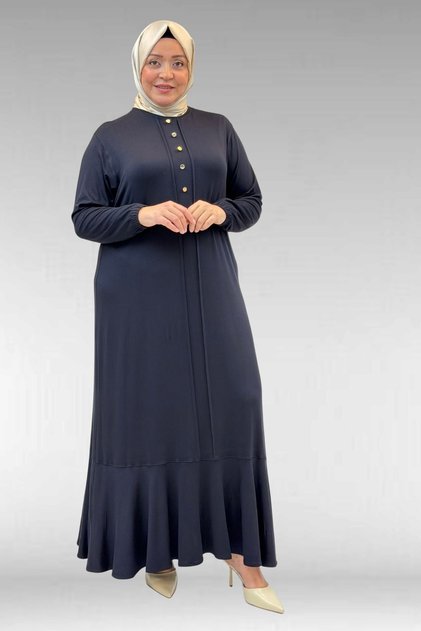 62006 Plus Size Combed Cotton Dress with Frill Detail on the Front - Dark Navy Blue
