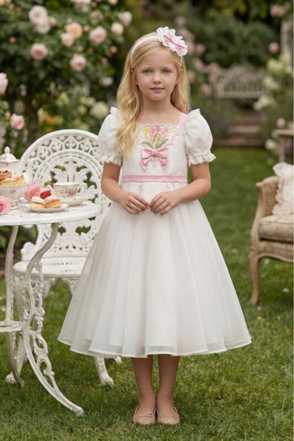 Girl's Embroidered Floral Evening Dress Tulle Event Dress & Hair Accessory – Set of 2 Ages 3-4-5-6-7 36395Pr