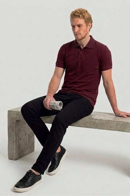 Men's Non-Shrink Cotton Fabric Regular Fit Red Non-Curling Polo Collar T-Shirt