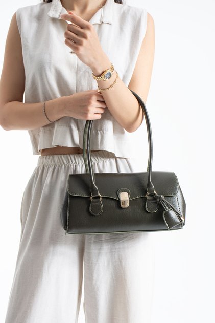 Nçs Khaki Baguette Women's Shoulder Bag with Flap and Lock Closure