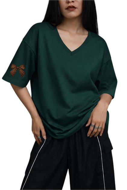 Ribbon Printed V-Neck Oversize T-Shirt 2Vq6