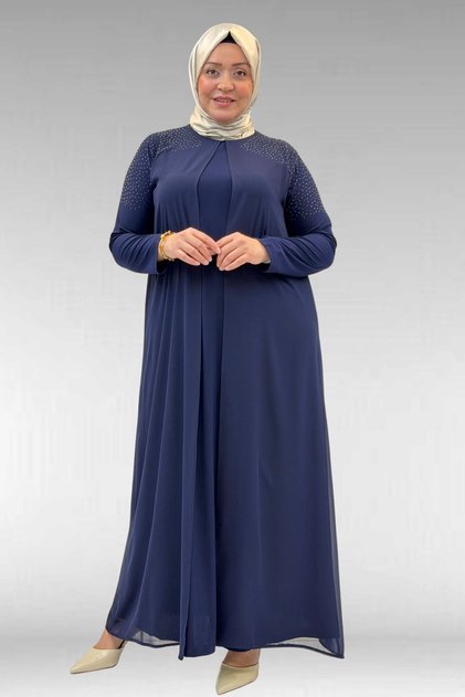 42003 Plus Size Sandy-Chiffon Dress with Stone Detail - Navy Blue