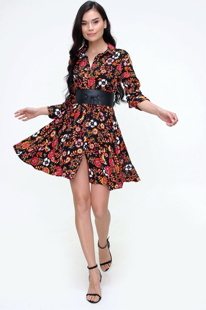 Women's Black Floral Patterned Leather Belted Kilos Viscose Casual Short Dress 650-2164-2-204