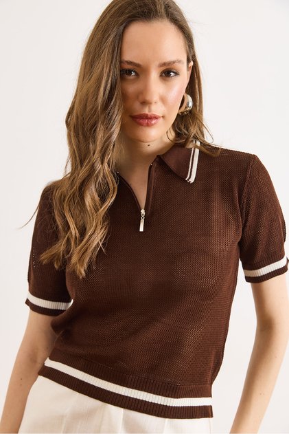Women's Brown Polo Collar Zippered Openwork Crop Knitwear Blouse Blz-19003320