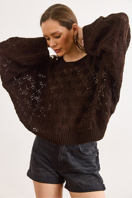 Women's Bitter Brown Geometric Detailed Loose Fit Seasonal Knitwear Blouse Blz-19003327