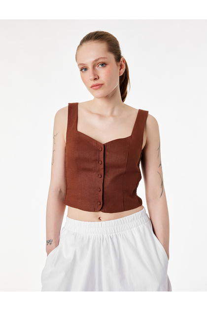 Slim Fit Thick Strapped Buttoned Crop Linen Vest with Gipe Detail on the Sides