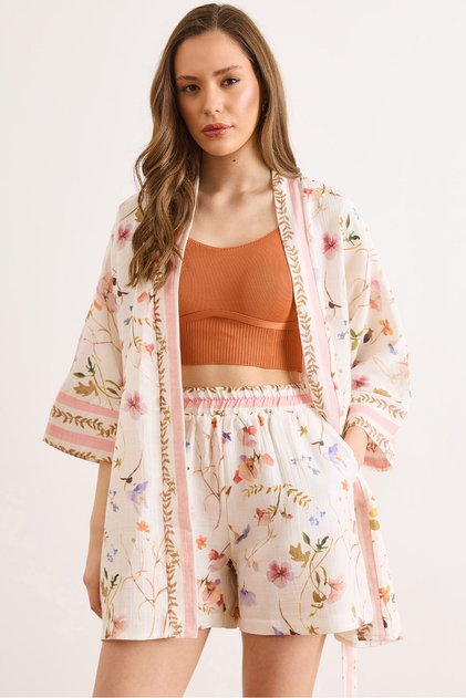 Kimono de damă din muselină cu model ecru KMN-00000073