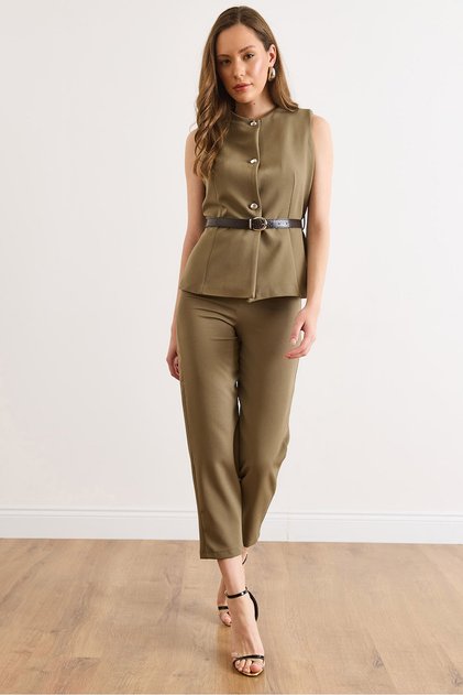 Women's Khaki Belted Vest and Trousers Set Tkm-19000380