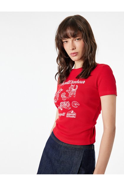 Regular Fit Kısa Kollu Bisiklet Yaka Pamuklu Kedi Baskılı Tişört