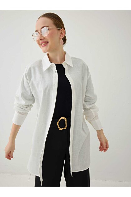 100% Cotton Piece Belted Basic Shirt - White -