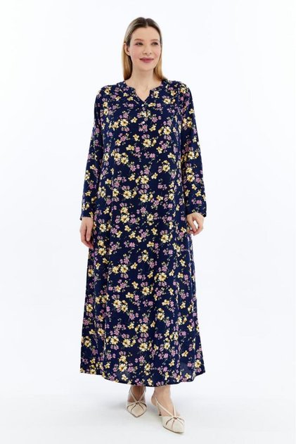 Navy Blue with Pink and Yellow Crispy Flowers Plus Size Viscose Long Sleeve Mother's Dress with Cups
