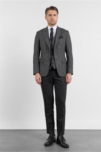 Siyah-Antrasit Mono Yaka 6 Drop Slim Fit Tam Astar Keten Karışımlı Takım Elbise 1001260150