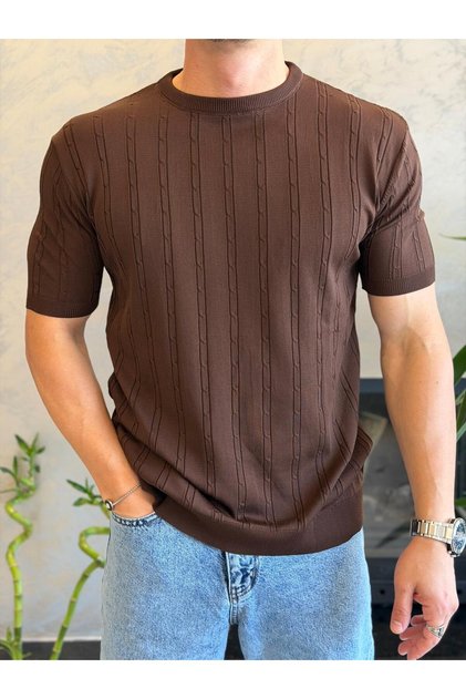 Men's Short Sleeve Hair Knit Patterned Crew Neck Tshirt Bitter Coffee Eca072