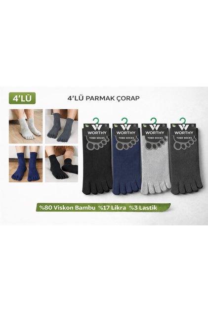 4 Çift Unisex Bambu Parmak Çorap Mantar Önleyici Ter Emici 4' lü