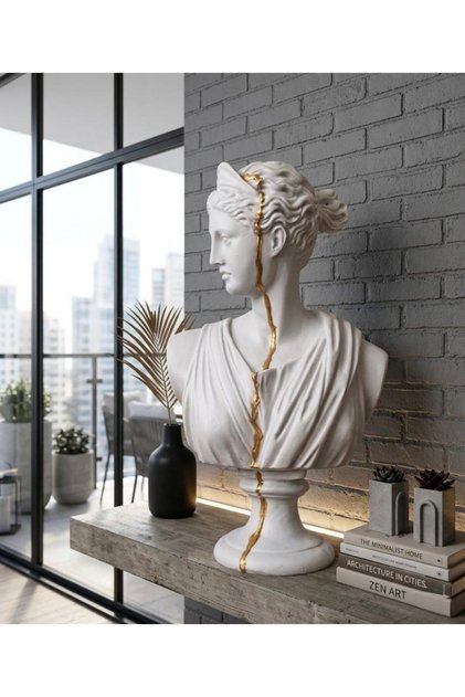 Dekoratif Diana Büst Biblo – Antik Yunan Heykel Tarzı, Biblo Beyaz Gold Lüks Salon Konsol Süs Objesi