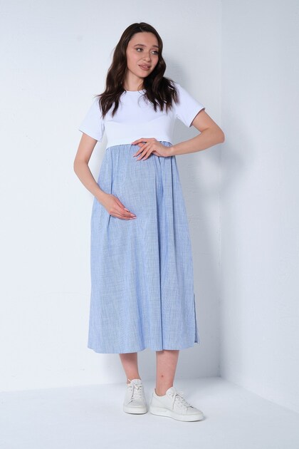 blue dress for baby girl Blue Striped Off Shoulder Front Tie Maternity Maxi Dress Medium