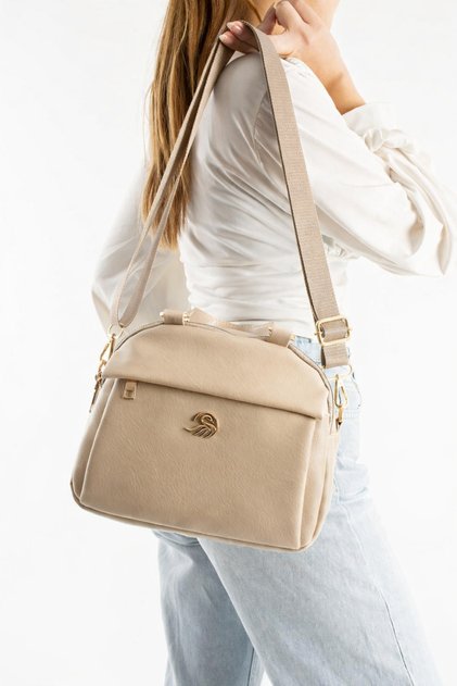 Women's Beige Leather Multi-Compartment Column Strap Hand and Shoulder Use Zippered Daily Crossbody Bag
