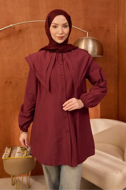 Burgundy Ribbed Double Collar Poplin Tunic