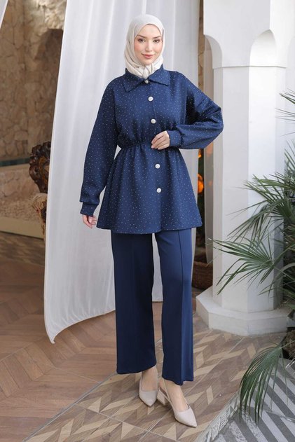 Navy Blue Stone Detailed Elastic Waist Tunic Pants Scuba Suit