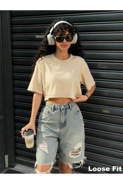 Women's Oversize Crew Neck Crop T-Shirt