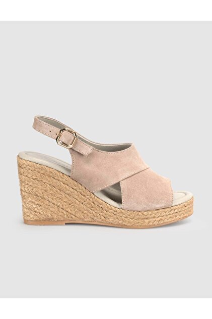 Taş Süet Hakiki Deri Hasır Taban Kadın Dolgu Topuk Sandalet