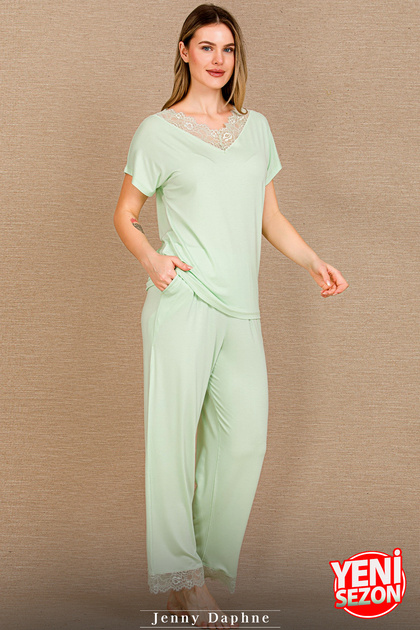 Women's Cotton Pajama Set Relaxed Fit Lace Detailed V-Neck Light Green Stylish Home Wear N669