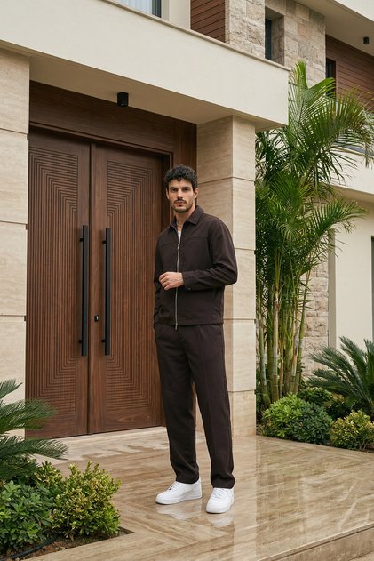 Artigas Premium Zippered Plain Basic Jacket Pants Brown Men's Suit Relax Fit