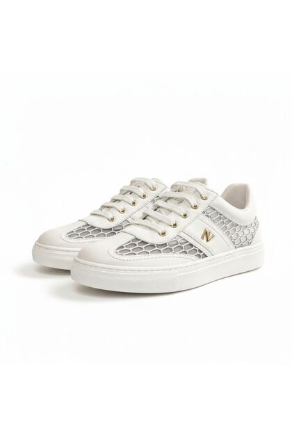 White Leather Mesh Garnished Women's Casual Sneaker with Accessory Detail