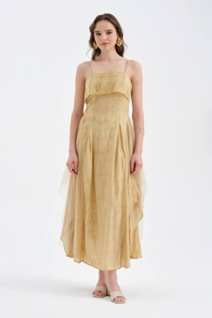 Women's Strappy Design Dress with Tulle Detail on the Sides and Lined Inside