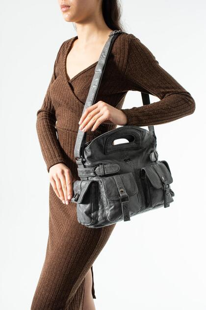 Washed Leather Multi-Pocket Shoulder Bag and Handbag Gray Model: (571-12V)