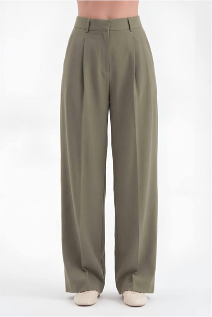 Women's Linen Fabric Pleated Detailed Inner Belt Garnished Design Trousers