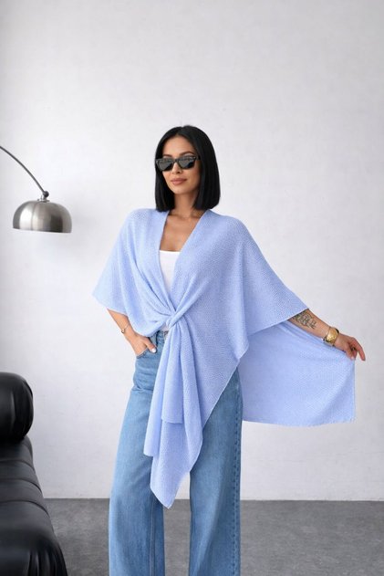 Women's Blue Front Detailed Poncho Cardigan