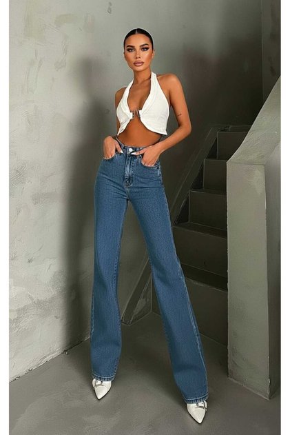 Dyon Lycra Women's Blue Super High Waist Loose Leg Denim Loose Palazzo Trousers