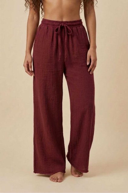 Burgundy 100% Cotton Muslin Fabric Wide-Leg Women's Trousers - Elastic Lace-Up Waist, Pockets, Summer Wear