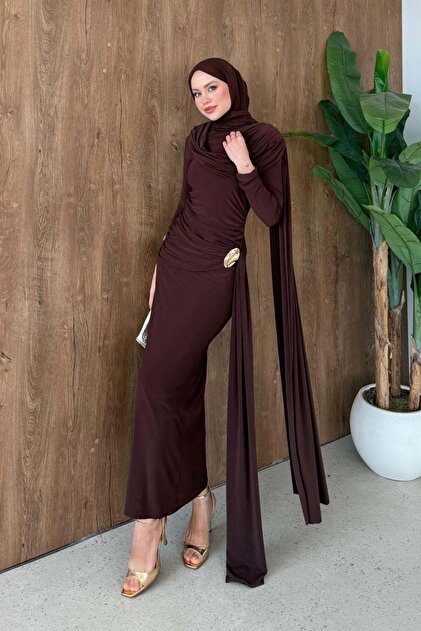 Hazamoda Sultan Shawl Detail Dress Brown- Trendyol