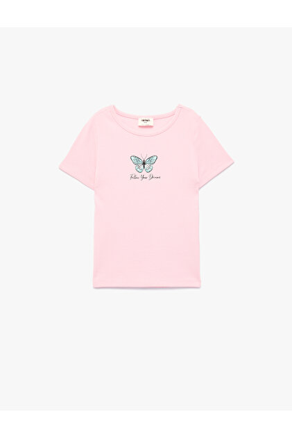 Butterfly Printed Ribbed Crew Neck Short Sleeve Cotton T-Shirt