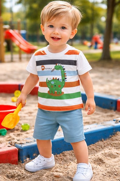 Boy's Shorts Combed Cotton Top and Bottom Set Dinosaurus 1-4 Years