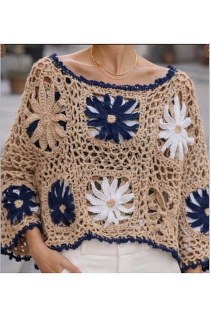 Bohemian Hand-Knitted Beige, Navy Blue Patterned Spring/Summer Crochet Blouse, Mother's Day Gift