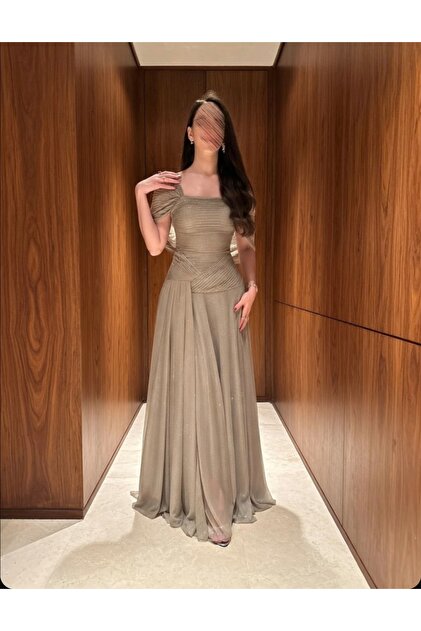 ALANOOD Beige Shiny Layered Evening Dress with Puffy Shoulders- Trendyol