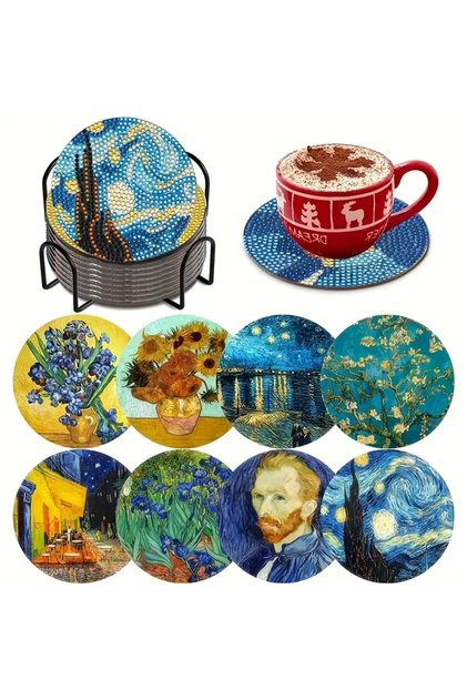 Van Gogh Temalı DIY Elmas Boyama Bardak Altlığı Seti - 8 Parça, Metal Stant Dahil, DIY Kendin Yap