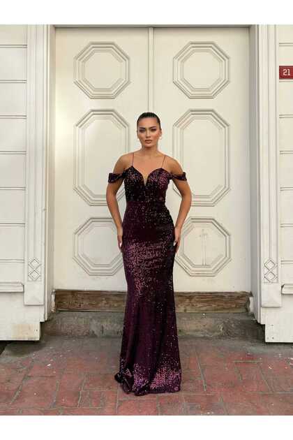WoolnClyde Women's Purple Rope Strap Off-Shoulder V-Neck Tulle Detailed  Fully Sequined Fishnet Long Evening Dress- Trendyol