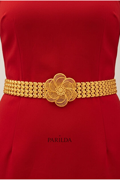 Parlda Grape Model  Gold Plated Women's Belt (Rose Buckle) - 4 Rows  (Thin)- Trendyol