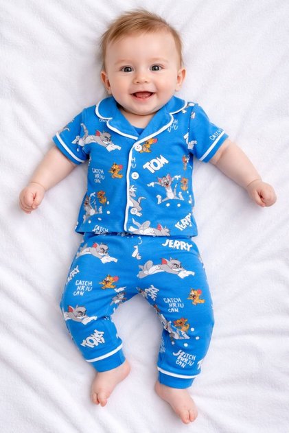 100% Cotton Short Sleeve Buttoned Summer Girls Boys Unisex Character Patterned Baby Pajama Set
