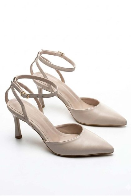 Women's Beige Ankle Strap Pointed Toe 7 cm Thin Heel Stiletto Classic Heeled Shoes Tt001