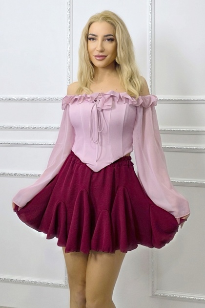 Fustă culotte din crep plisată în zig-zag, cu volane asimetrice și volum, bordo, mărimea S/M