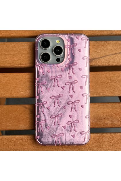 iPhone 14 Pro Max Compatible - Furry Bow and Heart Cover with Transparent Sides and Shiny Back Case — R