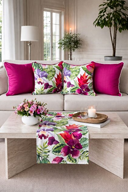 Pastel Flowers, 5-Piece Combination Ribbed Throw Pillow Cover and Runner Set