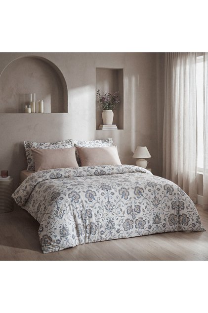Verona Elegant Garden Double 100% Aegean Cotton Duvet Cover Set - with Sheets - 4 Pillows Cream-Brown