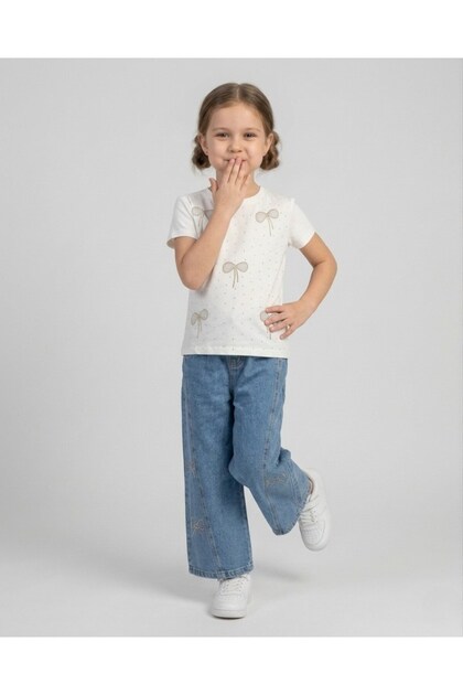 Girl's Summer Bow Embroidered 5-6-7-8-9-10 Year Old Wide Leg Jeans with Pants Stylish 2-Piece Set for Holidays
